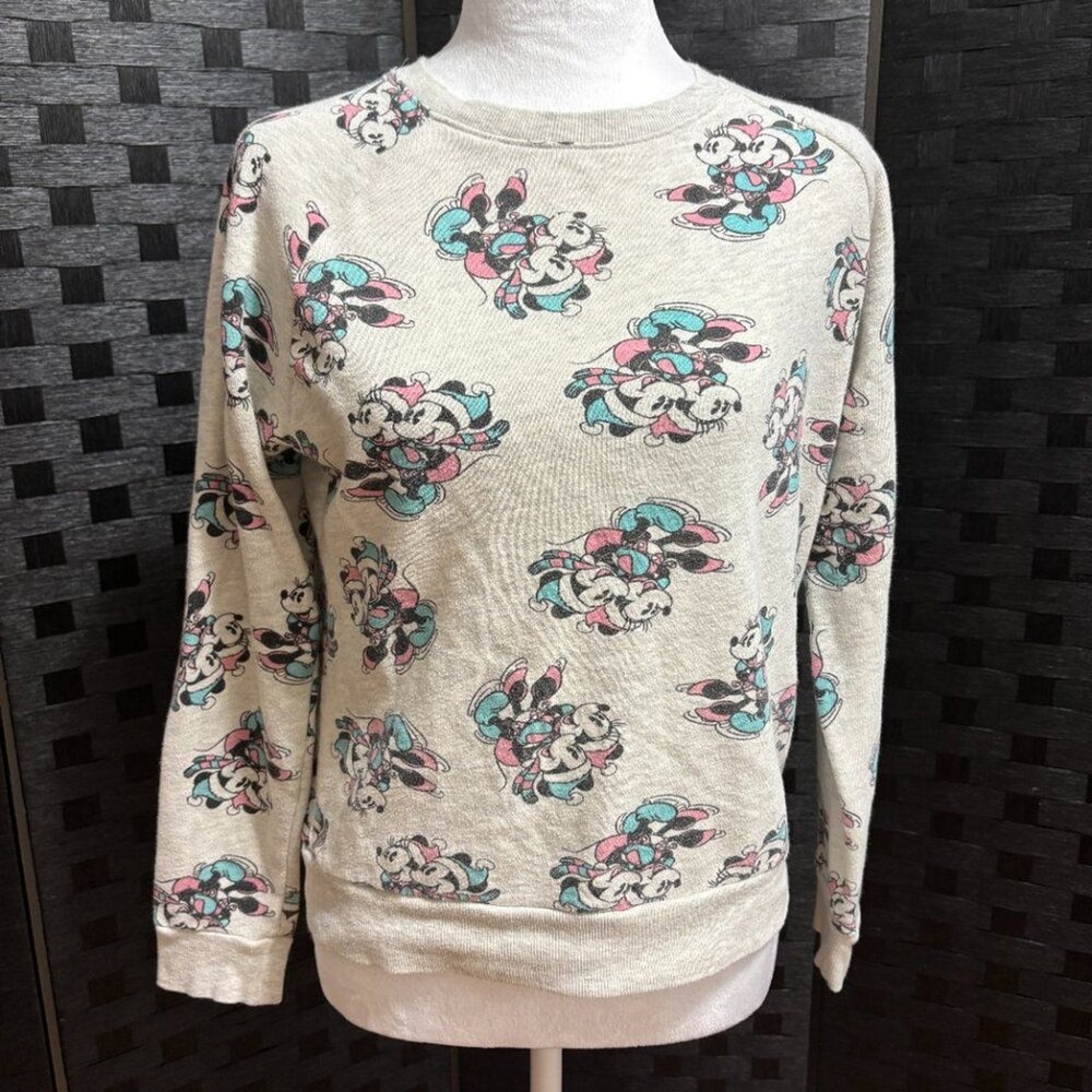 Vtg Disney Mickey Minnie Mouse Sweatshirt Gray Holiday Ice Skating Loungewear XS